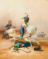 Французский гусар, преследуемый башкиром. Рисунок ок. 1850 г. Бумага, акварель, лак. Художник К. К. Гампельн.