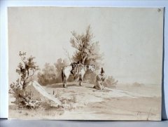 Башкирец. Художник А. Ф. Чернышев, 1853 год.  На картине изображён башкир-путник во время намаза.