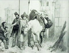 Картина художника-баталиста Б. П. Виллевальде «Башкир подаёт милостыню немке. Эпизод из войны 1813 года».