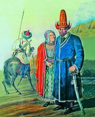 Башкирский кантонный начальник, с супругой.  Акварель неизвестного художника второй половины XIX века. Слева, воин Башкирского войска, в униформе образца 1857 года. Вдали мечеть Караван-Сарая в г. Оренбург, построенная в 1846 году башкирами.